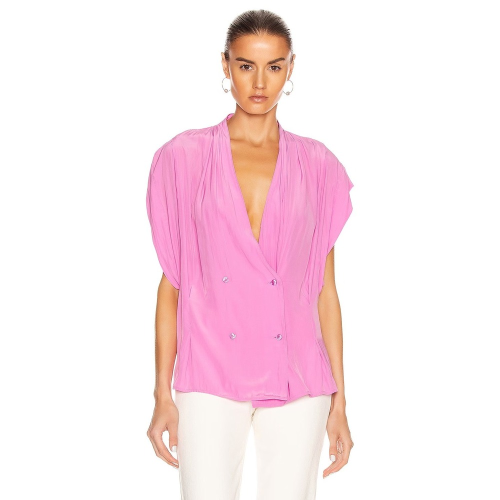 Smythe Pink Plunging Double-Breasted Pleated Blouse